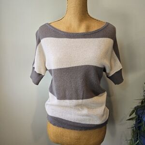 Grey & Cream Stripe Short Sleeve Sweater Loft XS